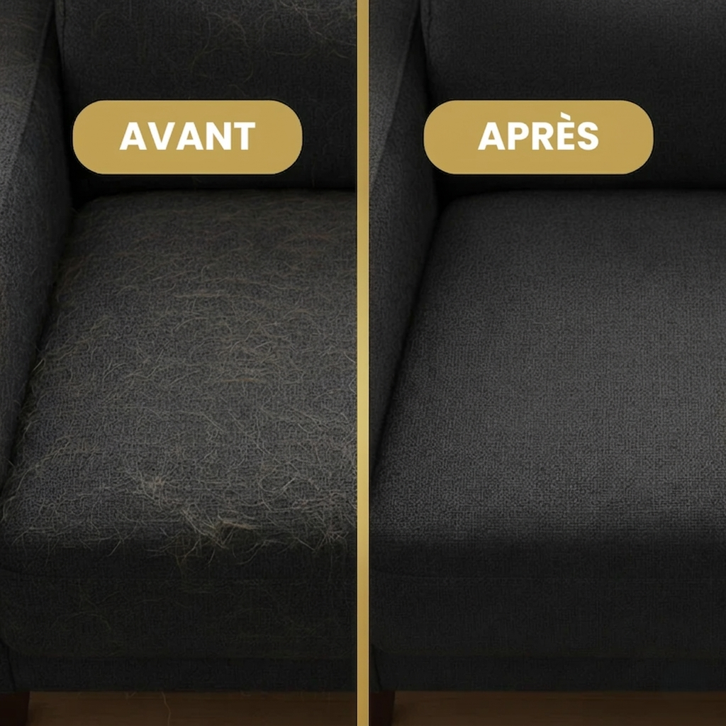 Avant après : canapé nettoyé des poils de chat avec le gant Canorya