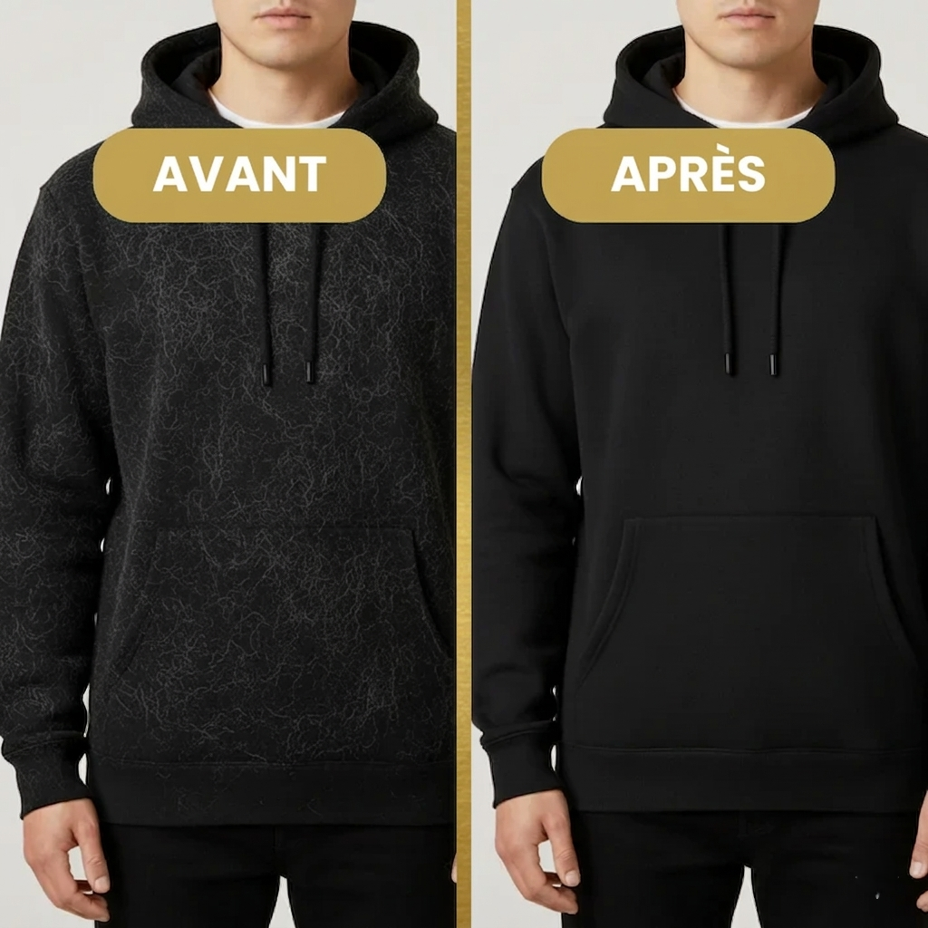 Avant après : pull noir nettoyé des poils avec le gant anti-poils Canorya