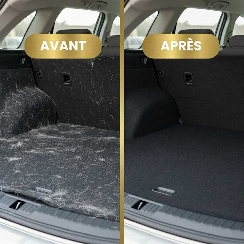 Avant après : siège de voiture débarrassé des poils de chien avec le gant Canorya